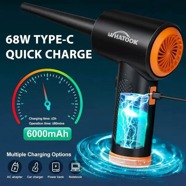 Alt view image 4 of 7 - Compressed Air Duster-Reusable Electric Air Duster-3 Speeds 60000 RPM with LED Light-Canned Air Replacement for Keyboard Cleaning-Rechargeable Cordless Air Duster for Computer and Car Blowing