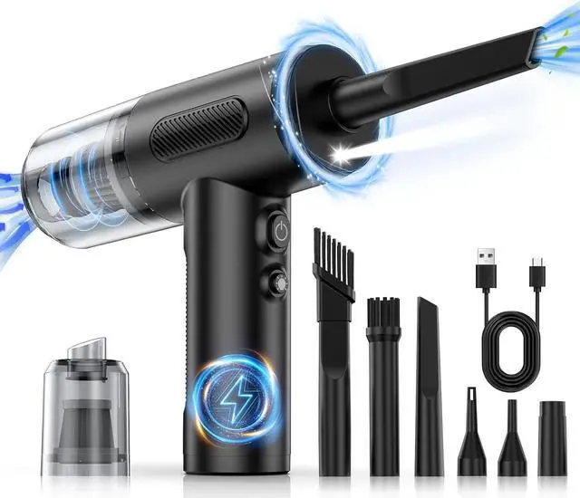 Main image of Compressed Air Duster, 100000RPM Handheld Car Vacuum/Air Blower& Pump, 3 Gear Adjustable Electric Air Duster/Car Vacuum Cleaner, Keyboard Duster with LED Light-10 Kits Air Blower for Computer
