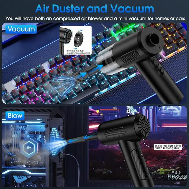 Alt view image 3 of 7 - Compressed Air Duster, 100000RPM Handheld Car Vacuum/Air Blower& Pump, 3 Gear Adjustable Electric Air Duster/Car Vacuum Cleaner, Keyboard Duster with LED Light-10 Kits Air Blower for Computer