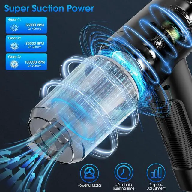 Alt view image 7 of 7 - Compressed Air Duster, 100000RPM Handheld Car Vacuum/Air Blower& Pump, 3 Gear Adjustable Electric Air Duster/Car Vacuum Cleaner, Keyboard Duster with LED Light-10 Kits Air Blower for Computer