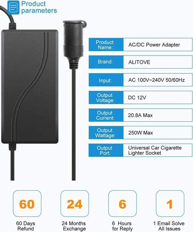 Alt view image 2 of 7 - AC to DC Converter 110V to 12V Converter 20.8A 250W with Car Cigarette Lighter Socket 100V~240V AC to DC 12 Volt 20A 18A 15A Power Supply Adapter for Car Refrigerator Tire Inflator Cleaner