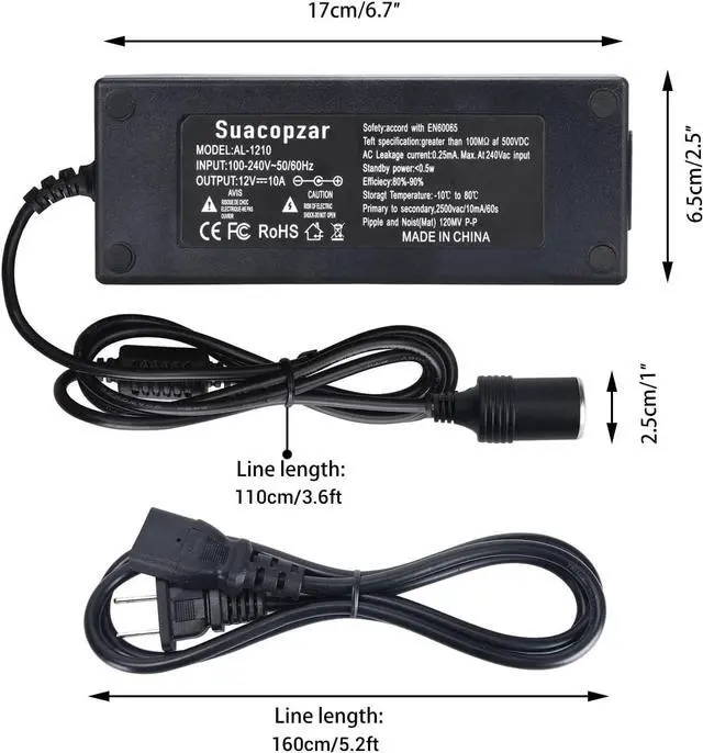 Alt view image 7 of 7 - 12V 10A Car Power Adapter Female Auto Cigarette Lighter Plug, AC 100-240V to DC 12V 10A 120W Power Supply Adapter AC to DC Converter Transformer for Car Powered Device