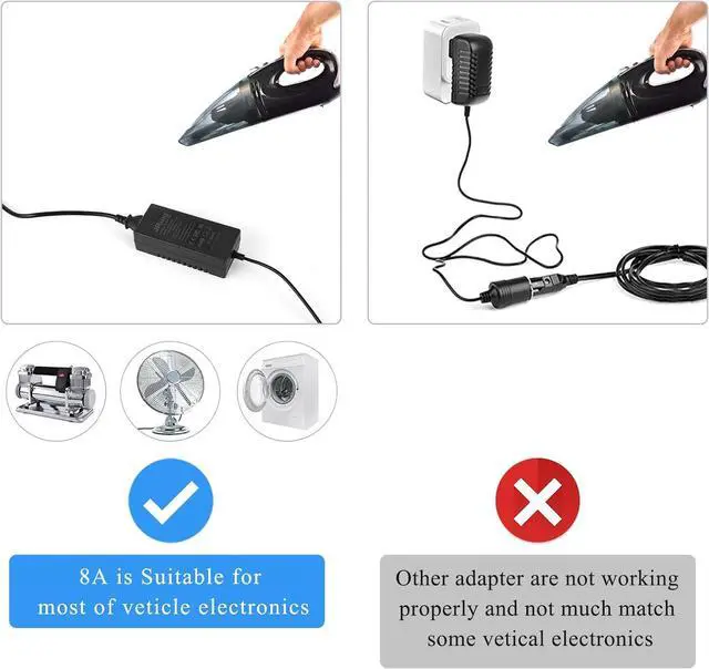 Alt view image 5 of 7 - 12V 8A Car Power Adapter, Car Cigarette Lighter Socket Power Adapter, AC 110-220V to DC 96W Switching Converter for Air Compressor Car Refrigerator Vacuum and Other Car Devices