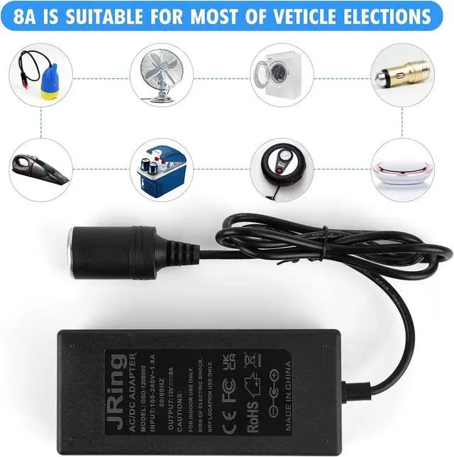 Alt view image 6 of 7 - 12V 8A Car Power Adapter, Car Cigarette Lighter Socket Power Adapter, AC 110-220V to DC 96W Switching Converter for Air Compressor Car Refrigerator Vacuum and Other Car Devices