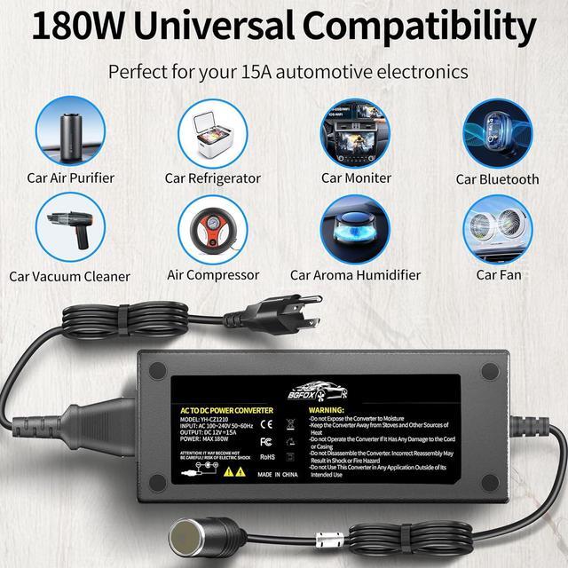 Alt view image 2 of 7 - AC to DC Converter, 15A/180W/7.64ft 110V to 12V Converter with Cooling Fan, Car Cigarette Lighter Socket AC/DC Power Supply Adapter for Inflator, Car Vacuum Cleaner, Car Refrigerator, etc.