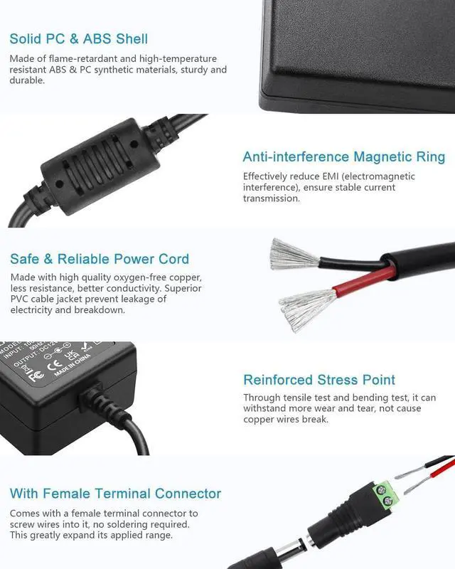 Alt view image 4 of 7 - 12Volt 5A Power Supply Adapter AC 110-240V to DC Converter 12 Volt 5 Amp 3.5A 3A Power Adapter Supply AC/DC Transformer with 5.5mm x 2.5mm Compatible with 5.5x2.1mm DC Output Wall Adapter