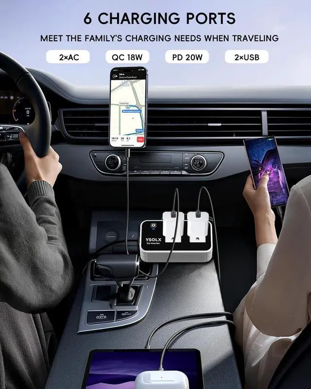 Alt view image 2 of 7 - 200W Car Power Inverter, DC 12V to 110V AC Inverter, Car Charer Adapter with [20W USB-C]/USB-QC(18W)/4.8A Dual USB/Dual AC Outlet, Car Plu Adapter Outlet for Laptop/Road Trip