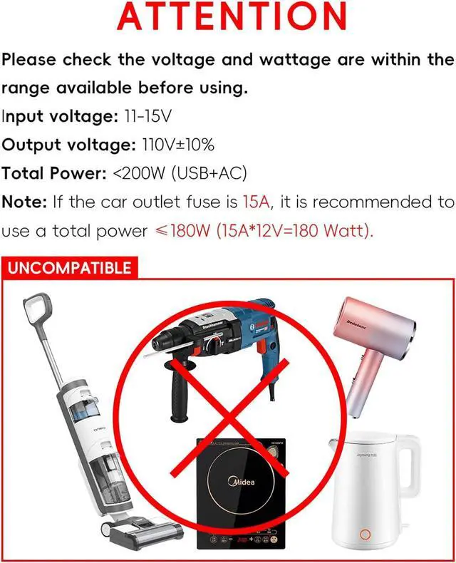 Alt view image 7 of 7 - 200W Car Power Inverter, DC 12V to 110V AC Inverter, Car Charer Adapter with [20W USB-C]/USB-QC(18W)/4.8A Dual USB/Dual AC Outlet, Car Plu Adapter Outlet for Laptop/Road Trip