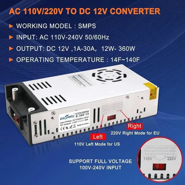 Alt view image 3 of 7 - New Version AC DC Converter 360W with Switch, SMPS 110V AC to 12V DC Converter Power Supply Adjustable Switch Power Supply Transformer Max 30A 360W