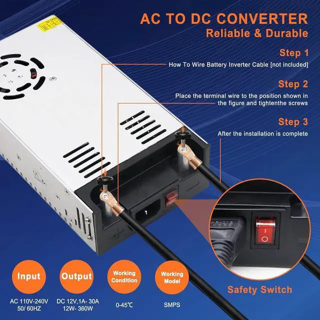 Alt view image 5 of 7 - New Version AC DC Converter 360W with Switch, SMPS 110V AC to 12V DC Converter Power Supply Adjustable Switch Power Supply Transformer Max 30A 360W