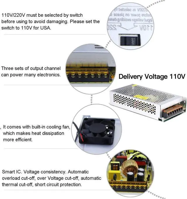 Alt view image 5 of 7 - 12V 10A DC Universal Regulated Switching Power Supply (SMPS) 120W AC 110V / 220V to DC 12V 10amp for CCTV, Radio, Computer Project, LED Strip Lights, 3D Printer