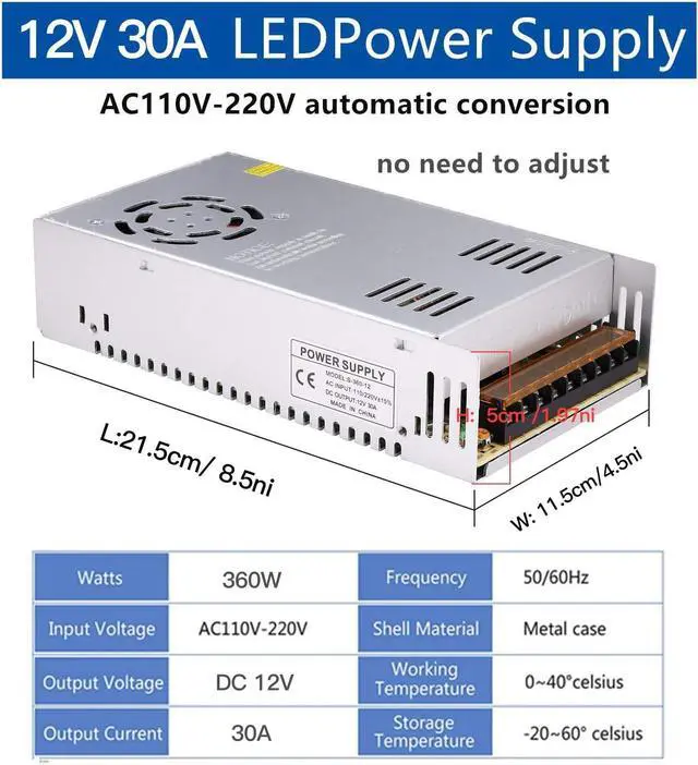 Alt view image 2 of 7 - DC 12V 30A Power Supply 360W Universal Regulated Switching AC to DC Converter AC110V/220V (SMPS) Transformer Driver Adapter for LED Strip Light, CCTV Camera Security System, Radio, Computer Project
