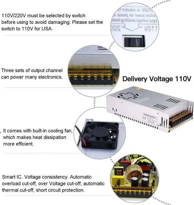 Alt view image 4 of 7 - DC 12V 30A Power Supply 360W Universal Regulated Switching AC to DC Converter AC110V/220V (SMPS) Transformer Driver Adapter for LED Strip Light, CCTV Camera Security System, Radio, Computer Project