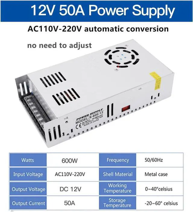Alt view image 2 of 6 - DC 12V 50A 600W Power Supply Adapter Transformer Switch AC 110V / 220V to DC 12V 20amp Switching Converter LED Driver for LED Strip Light CCTV Camera Security System Radio,Computer Project,3D Printer