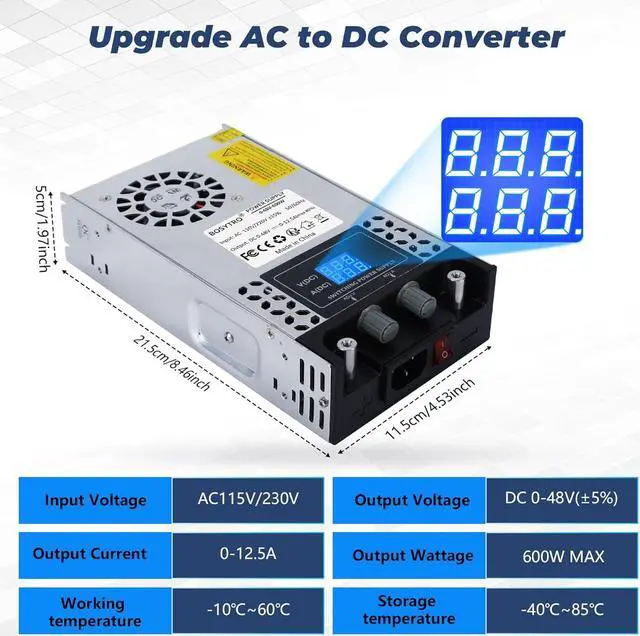 Alt view image 2 of 7 - AC to DC Converter 60V DC Power Supply Adjustable 0-60V 0-10A SMPS Max 600W Switching Power Supply for Led Strip, Motor Pump, CCTV, 3D Printer, Lab Computer