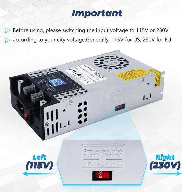 Alt view image 7 of 7 - AC to DC Converter 60V DC Power Supply Adjustable 0-60V 0-10A SMPS Max 600W Switching Power Supply for Led Strip, Motor Pump, CCTV, 3D Printer, Lab Computer