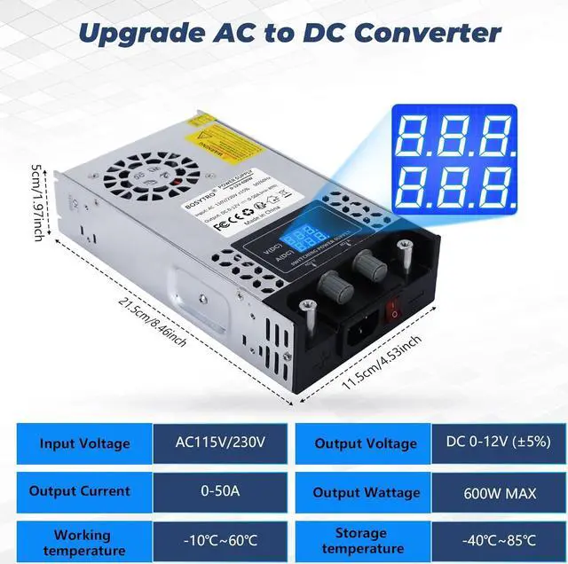 Alt view image 2 of 7 - AC to DC Converter 110V-12V DC Power Supply Adjustable 0-12V 0-50A SMPS Max 600W Switching Power Supply for Led Strip, Motor Pump, CCTV, 3D Printer, Lab Computer
