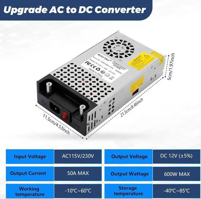 Alt view image 2 of 7 - AC to DC Converter, 12V DC Power Supply 600W Max 50A SMPS 110v to 12v converter Switching Power Supply Transformer for Car Radio/Stereos, RV, 3D Printer, Led Strip, Motor Pump, CCTV
