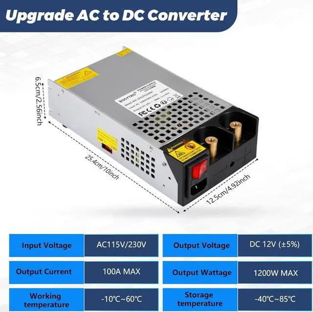 Alt view image 3 of 7 - AC to DC Converter 12V Power Supply 1200W Max 100A SMPS 110v to 12v Converter Switching Power Supply Transformer for Car Radio/Stereos, RV, 3D Printer, Led Strip, Motor Pump, CCTV