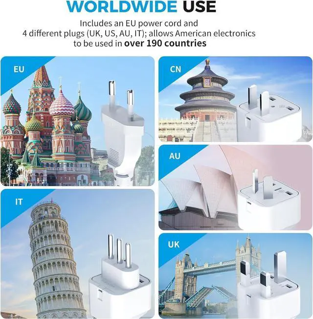 Alt view image 7 of 7 - WHITE 500/350W Travel Adapter 220V to 110V Power Voltage Converter 100% Pure Sine Wave, Step Down Transformer for Hair Straightener Curler CPAP Toothbrush Laptop Phone, US to EU/UK/AU/IT/CN Converter