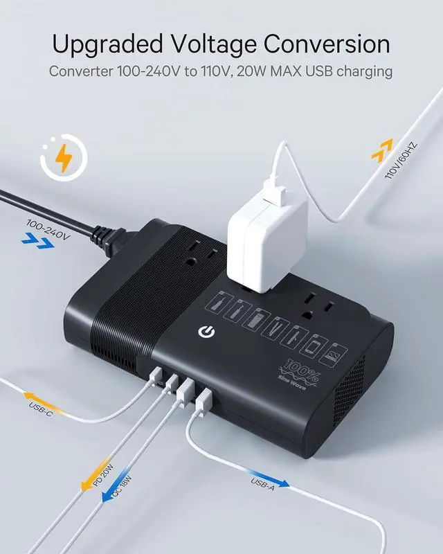 Alt view image 4 of 7 - 220v to 110v Voltage Converter for European Travel: Max 500W Pure Sine Wave Voltage Converter US to Europe - 220 to 110 International Power Adapter Plug Combo Step Down Transformer Black