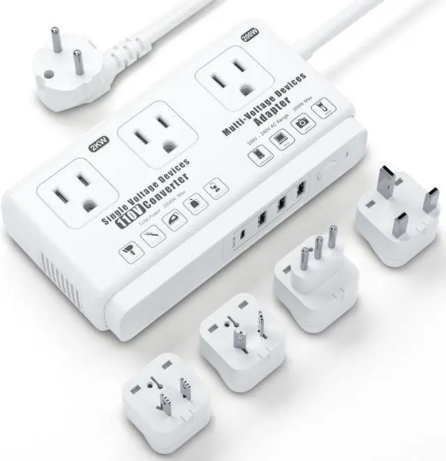 Main image of 220v to 110v Travel Voltage Converter: International Universal Voltage Converter US to Europe Power Strip Plug Transformer - 2000W Electric Hair Dryer Step Down Outlet Converters for European UK EU