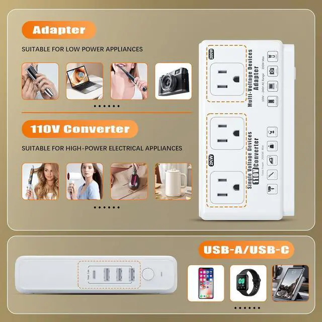 Alt view image 3 of 7 - 220v to 110v Travel Voltage Converter: International Universal Voltage Converter US to Europe Power Strip Plug Transformer - 2000W Electric Hair Dryer Step Down Outlet Converters for European UK EU