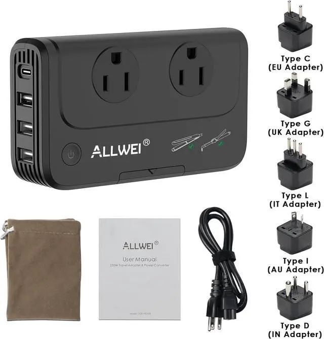 Alt view image 6 of 7 - Travel Voltage Converter 220V to 110V Power International Travel Adapter for Hair Straightener/Curling Iron, Universal Power Plug Adapter UK, US, AU, EU, IT, India (Black)