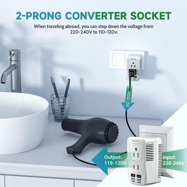 Alt view image 4 of 6 - 220V to 110V Converter,Upgraded 2000W Travel Voltage Converter for Hair Dryer Straightener Curling Iron,10A Power Adapter is Easy to Carry for National Travel,with 2USB and UK/EU/AU Plugs,White