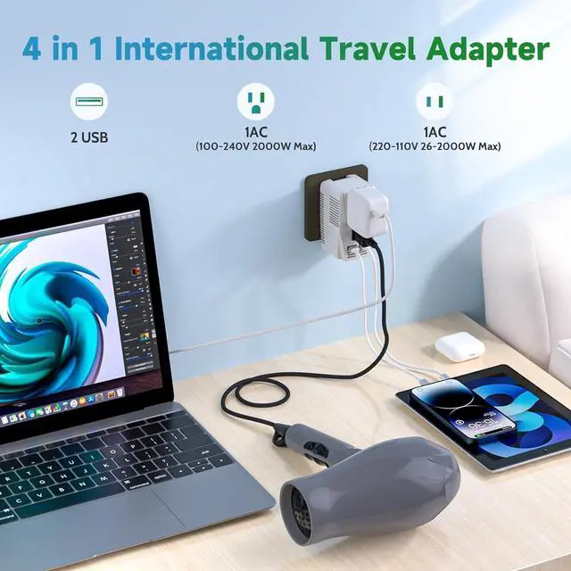 Alt view image 5 of 6 - 220V to 110V Converter,Upgraded 2000W Travel Voltage Converter for Hair Dryer Straightener Curling Iron,10A Power Adapter is Easy to Carry for National Travel,with 2USB and UK/EU/AU Plugs,White