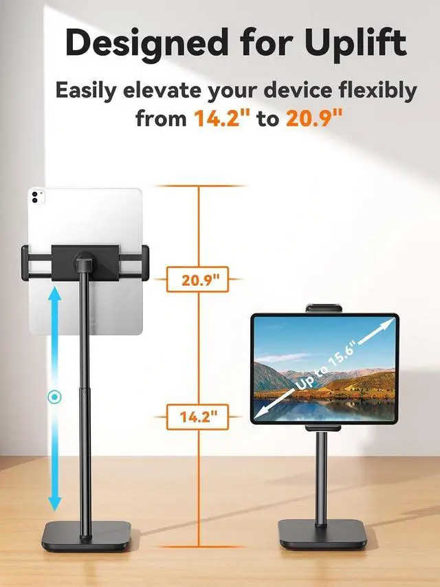 Alt view image 3 of 7 - Adjustable iPad Stand with 21" Height Extension, 360° Swivel Tablet Holder for Desk, Surface Pro Stand, Portable Monitor Stand Compatibility with 4.7-15.6" Tablets and Smartphones, Display - Black