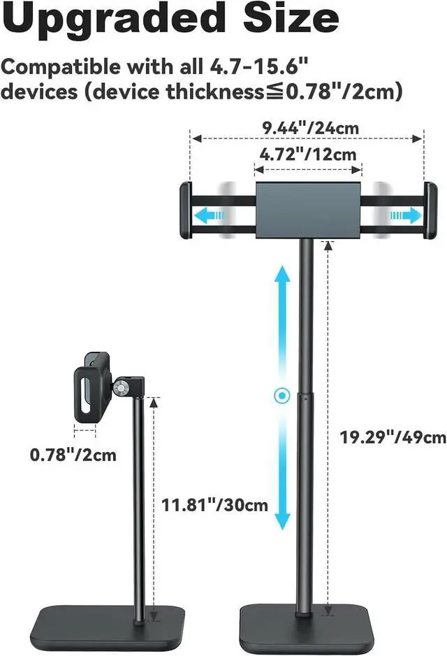 Alt view image 5 of 7 - Adjustable iPad Stand with 21" Height Extension, 360° Swivel Tablet Holder for Desk, Surface Pro Stand, Portable Monitor Stand Compatibility with 4.7-15.6" Tablets and Smartphones, Display - Black