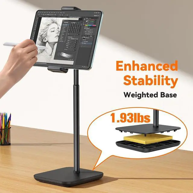 Alt view image 4 of 7 - Adjustable iPad Stand with 21" Height Extension, 360° Swivel Tablet Holder for Desk, Surface Pro Stand, Portable Monitor Stand Compatibility with 4.7-15.6" Tablets and Smartphones, Display - Black