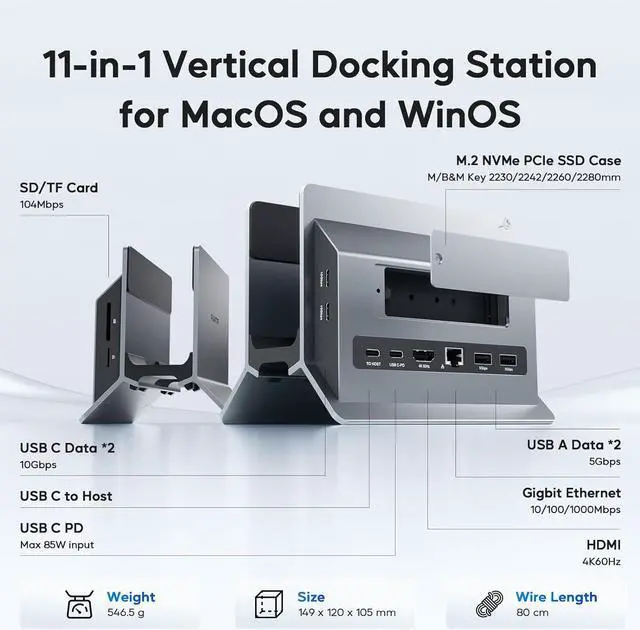 Alt view image 2 of 7 - Vertical MacBook Docking Station,  Docking Station for Mac Mini with M.2 NVMe case for MacBook Pro/Air, 4K@60Hz HDMI, 2USB C 10Gbps, SD/TF, 100W PD, RJ45, 2 USB A for Windows Laptops