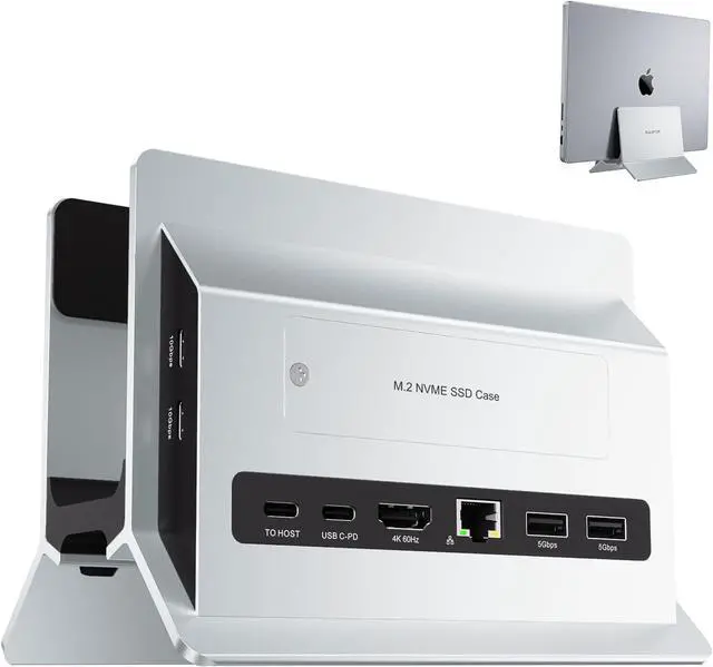 Main image of Vertical MacBook Docking Station, Docking Station for Mac Mini with M.2 NVMe case for MacBook Pro/Air, 4K@60Hz HDMI, 2USB C 10Gbps, SD/TF, 100W PD, RJ45, 2 USB A for Windows Sliver