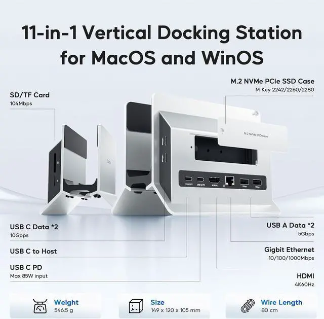 Alt view image 2 of 7 - Vertical MacBook Docking Station, Docking Station for Mac Mini with M.2 NVMe case for MacBook Pro/Air, 4K@60Hz HDMI, 2USB C 10Gbps, SD/TF, 100W PD, RJ45, 2 USB A for Windows Sliver