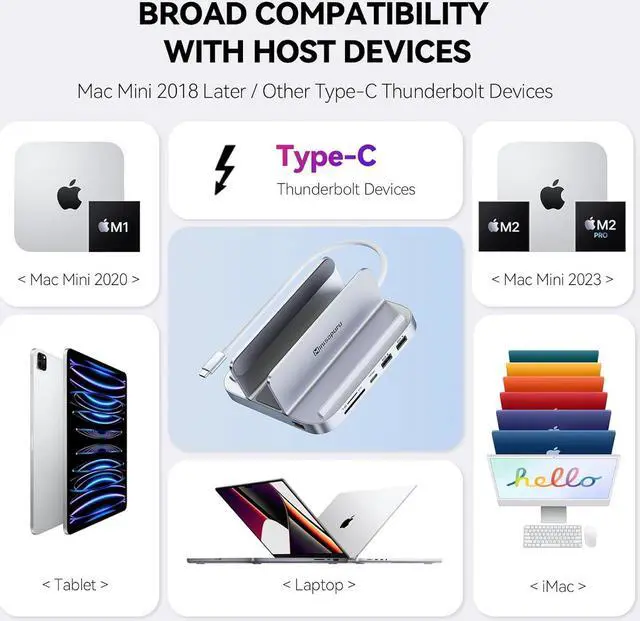 Alt view image 6 of 7 - Mac Mini Dock & Stand with M.2 NVMe SSD Enclosure, Upgrade 8 in 1 Mac Mini hub Support 10Gbps USB C/A, TF& SD Card, Audio Jack, Mac Mini Accessories for Mac Mini M2/M2 Pro/M1(2018 & Later)