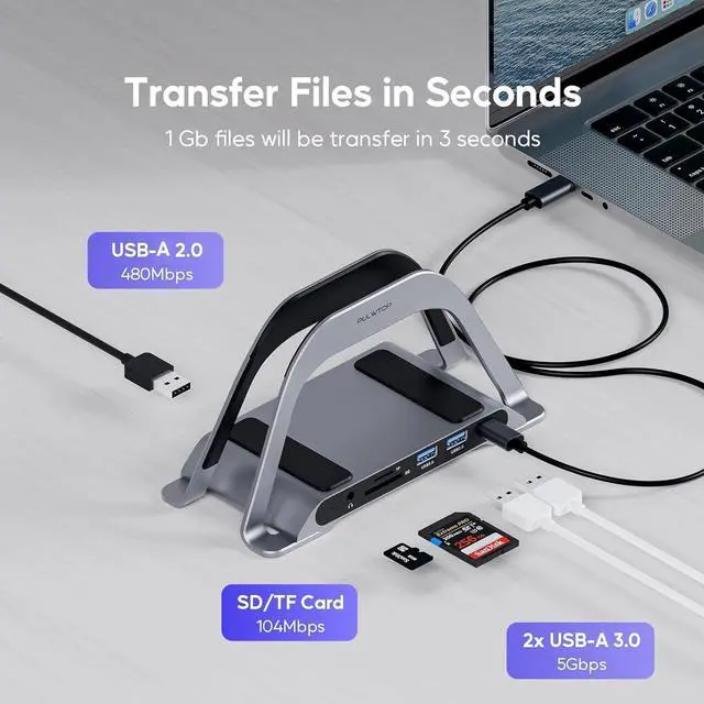 Alt view image 6 of 7 - MacBook Docking Station, USB C Docking Station with Vertical Stand Compatible with MacBook Pro and Air, with 4K HDMI, 3 USB, SD/TF, PD3.0, RJ45 Ethernet, Audio, for HP/Dell/Lenovo laptops