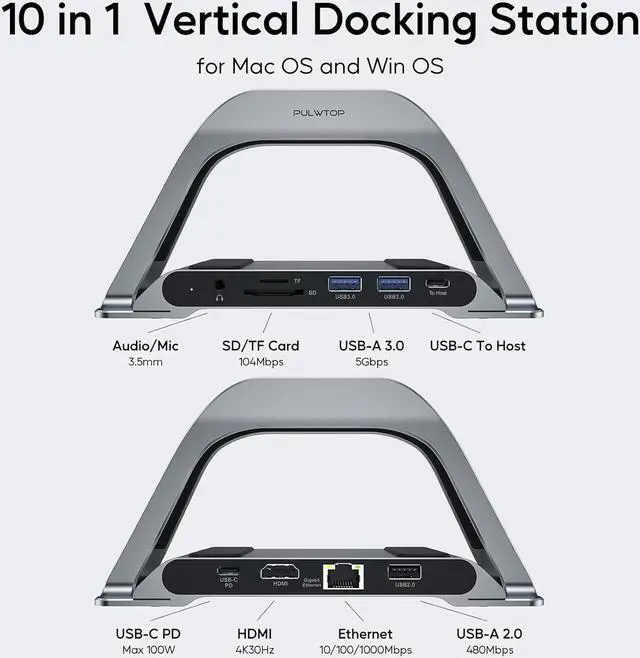 Alt view image 2 of 7 - MacBook Docking Station, USB C Docking Station with Vertical Stand Compatible with MacBook Pro and Air, with 4K HDMI, 3 USB, SD/TF, PD3.0, RJ45 Ethernet, Audio, for HP/Dell/Lenovo laptops