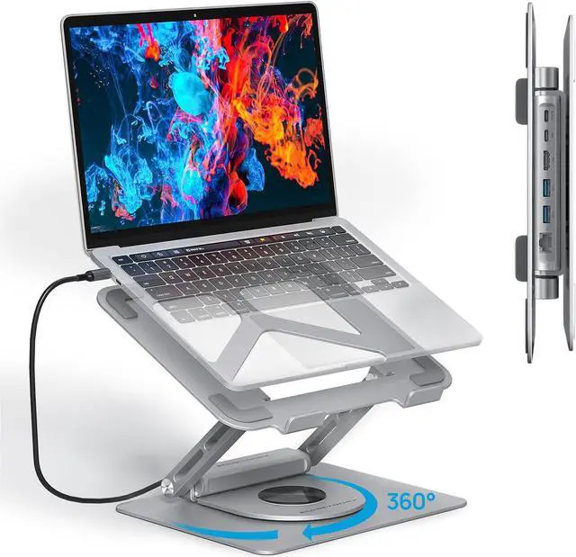 Main image of USB C Laptop Docking Station Stand with 360°Rotatable Base for MacBook Pro/Air/Dell/HP/Surface/Lenovo, Adjustable Height Laptop Stand for Desk, Detachable USB C Hub, 4K HDMI, 2 USB 3.0, RJ45, PD 3.0