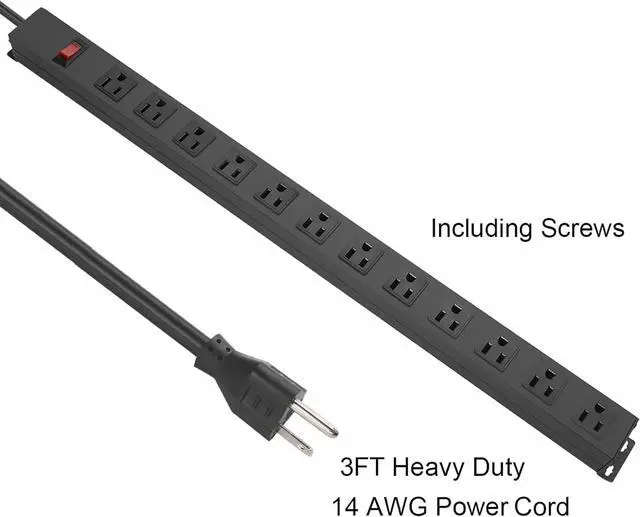 Alt view image 4 of 7 - Metal Wall Mount Power Strip, Mountable Power Outlet with 12 AC Outlets, Aluminum Alloy Mount Power Socket with Switch, 6 FT SJT 3/C 14AWG Power Cord, 15A 125V 1875W (12AC) Black