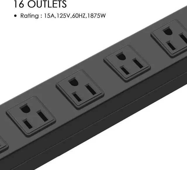 Alt view image 5 of 7 - Metal Wall Mount Power Strip, Mountable Power Outlet, Aluminum Alloy Mount Power Socket with Switch, 10 FT SJT 3/C 14AWG Power Cord, 15A 125V 1875W (16 Outlet) Black