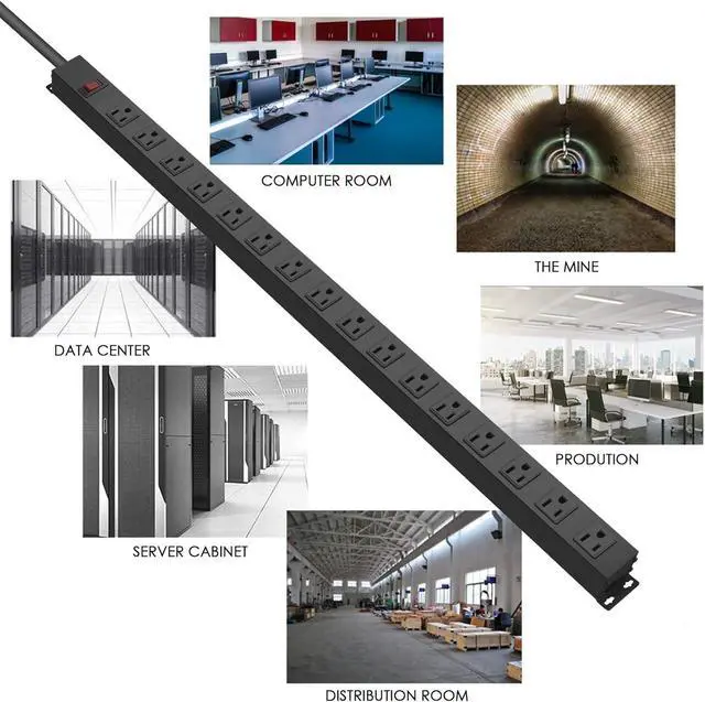 Alt view image 6 of 7 - Metal Wall Mount Power Strip, Mountable Power Outlet, Aluminum Alloy Mount Power Socket with Switch, 10 FT SJT 3/C 14AWG Power Cord, 15A 125V 1875W (16 Outlet) Black