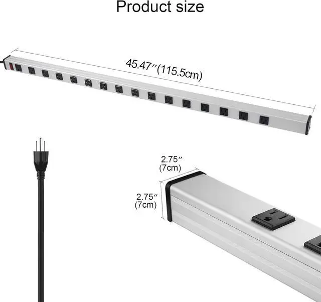 Alt view image 2 of 7 - Long Heavy Duty Power Strip, 16 Outlet Large Metal Power Strip, Garage Workshop Multi Wide Industrial Power Strip. 15FT Cord 15A, 125V, 1875W (Silver)