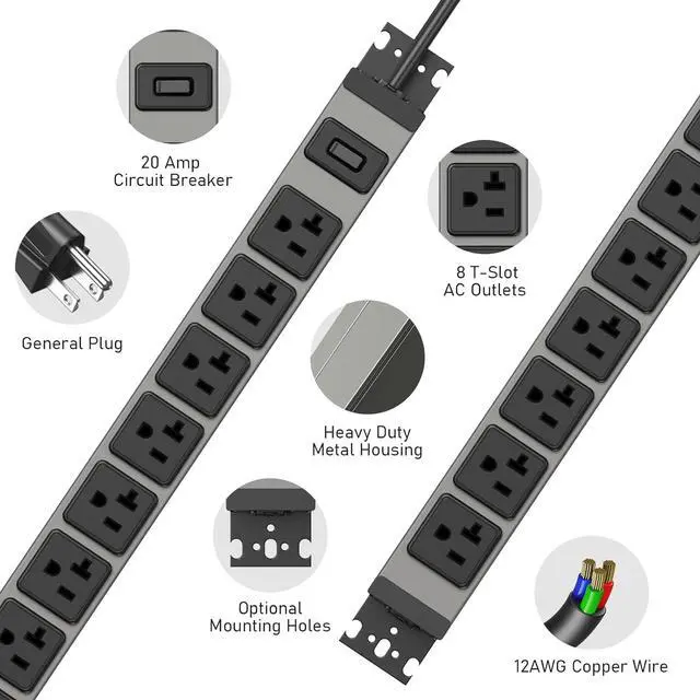 Alt view image 2 of 7 - Heavy Duty Power Strip Wall Mount, 20 Amp Surge Protector 1200J Metal 8 Outlet Under Desk Mounted 20A, Garage Power Bar Table Socket Industrial Outlets 6-20R T-Slot, 6FT 12AWG Extension Cord