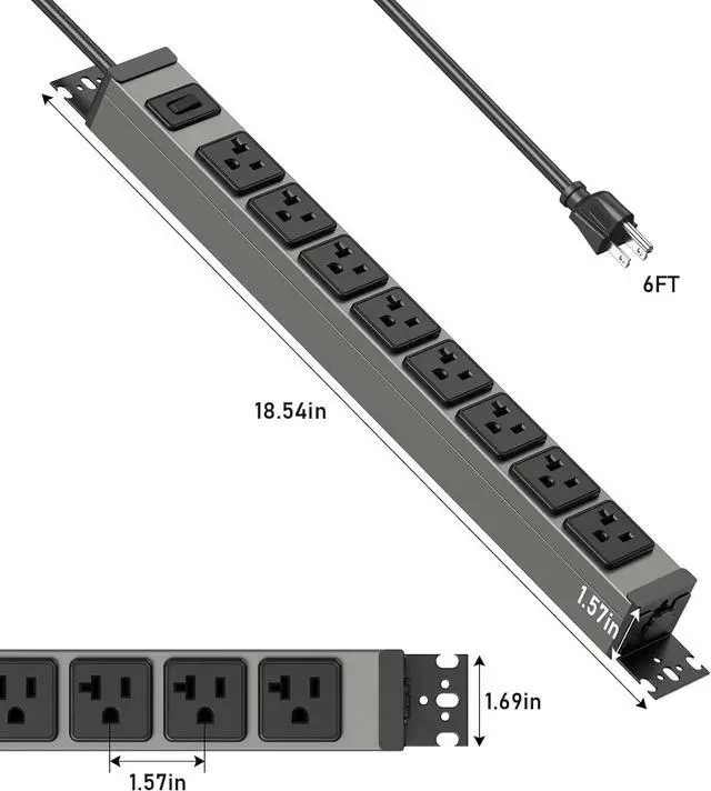 Alt view image 6 of 7 - Heavy Duty Power Strip Wall Mount, 20 Amp Surge Protector 1200J Metal 8 Outlet Under Desk Mounted 20A, Garage Power Bar Table Socket Industrial Outlets 6-20R T-Slot, 6FT 12AWG Extension Cord