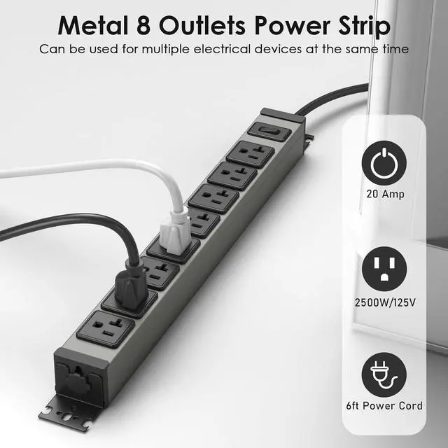 Alt view image 5 of 7 - Heavy Duty Power Strip Wall Mount, 20 Amp Surge Protector 1200J Metal 8 Outlet Under Desk Mounted 20A, Garage Power Bar Table Socket Industrial Outlets 6-20R T-Slot, 6FT 12AWG Extension Cord