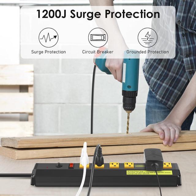 Alt view image 5 of 6 - Heavy Duty Metal Power Strip 20 Amp, High Amp Surge Protector 6 Outlet, 20A Power Strips Workshop Industrial Outlets Wide Spaced 6-20R T-Slot with Circuit Breaker, 12 Gauge Extension Cord 10ft
