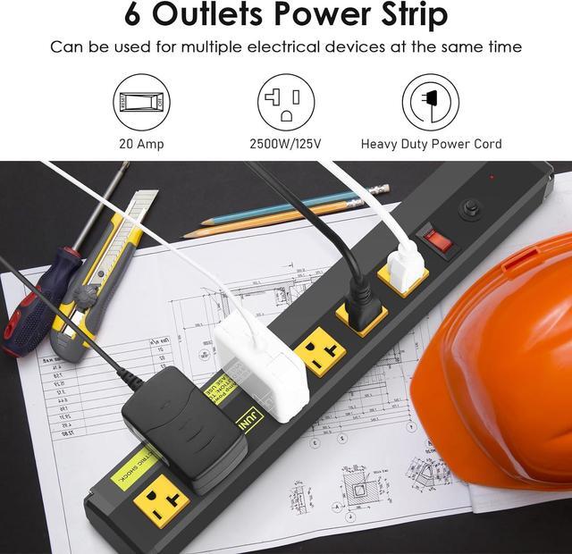 Alt view image 3 of 6 - Heavy Duty Metal Power Strip 20 Amp, High Amp Surge Protector 6 Outlet, 20A Power Strips Workshop Industrial Outlets Wide Spaced 6-20R T-Slot with Circuit Breaker, 12 Gauge Extension Cord 10ft