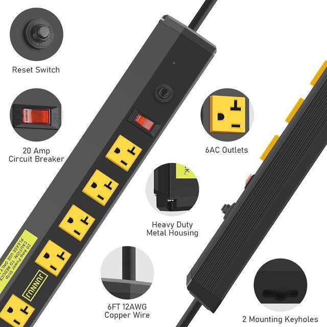 Alt view image 2 of 6 - Heavy Duty Metal Power Strip 20 Amp, High Amp Surge Protector 6 Outlet, 20A Power Strips Workshop Industrial Outlets Wide Spaced 6-20R T-Slot with Circuit Breaker, 12 Gauge Extension Cord 10ft